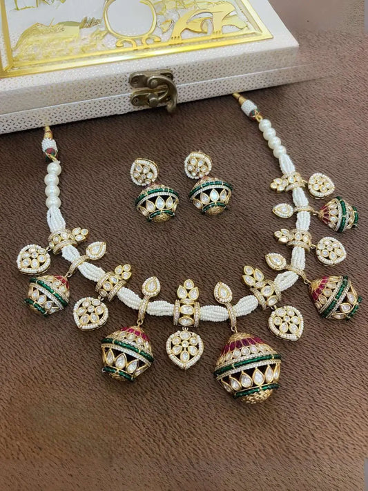 Ishhaara Moissanite Green Kundan Hasli Necklace Set