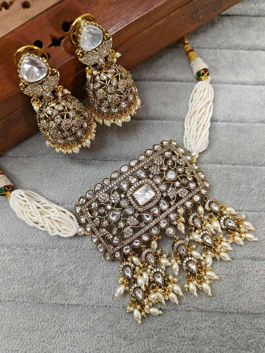 Ishhaara Moissanite Poli Square Pendant Necklace With Jhumka Earrings