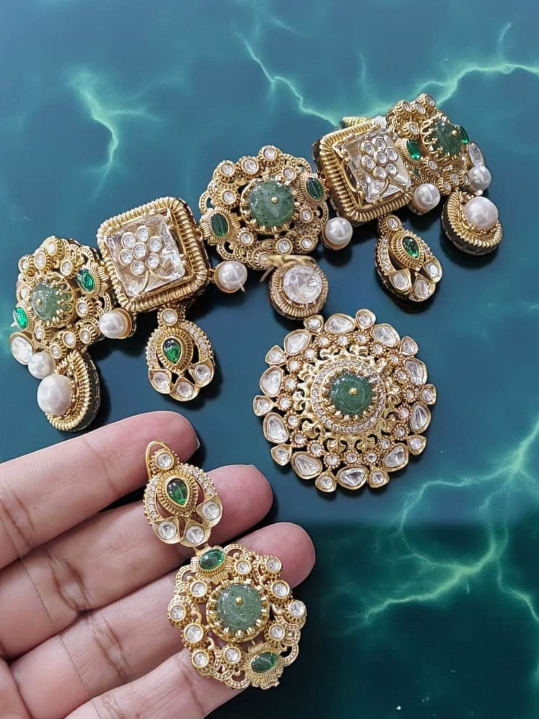 Ishhaara Moissanite Polki Kundan With Sea Green Doublet Pendant Choker