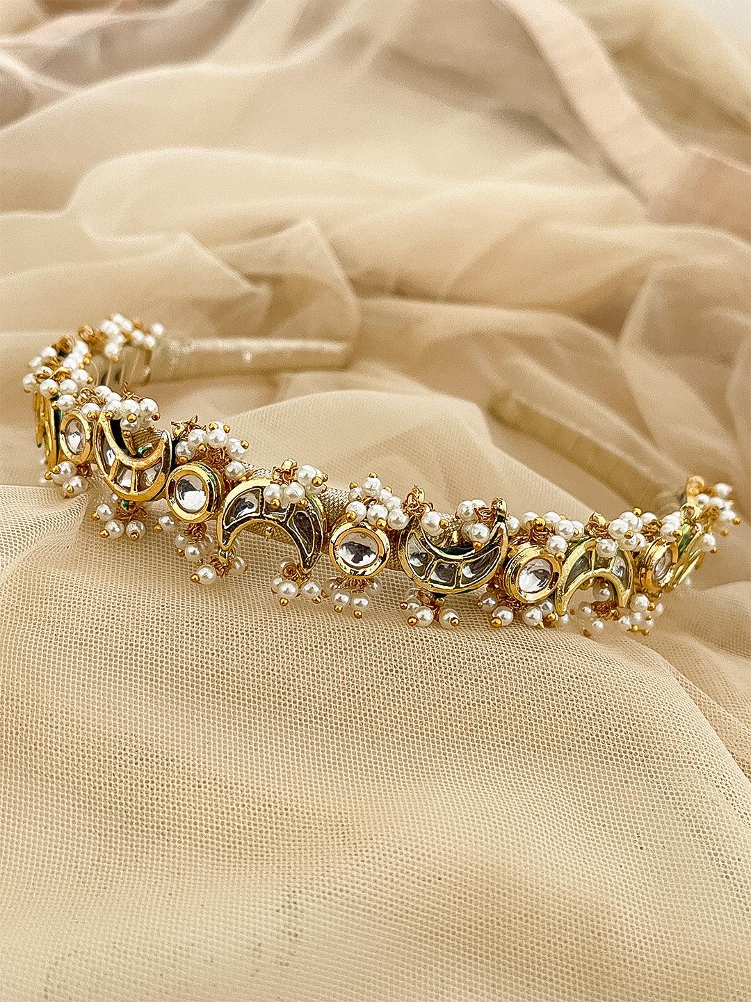 Ishhaara Moon Shaped Kundan Beaded Hair Band