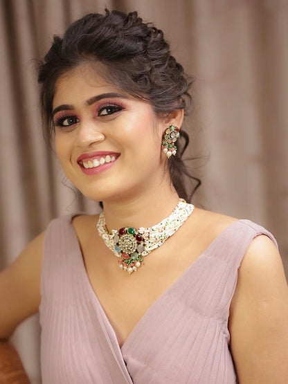 Ishhaara Moti Colored Round Patch Choker And Earring Set