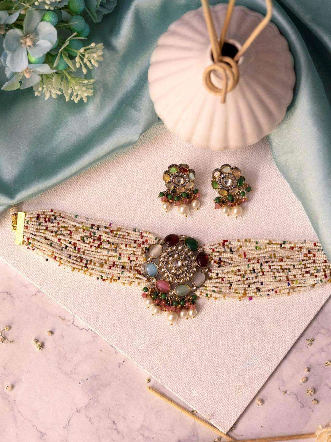 Ishhaara Moti Colored Round Patch Choker And Earring Set