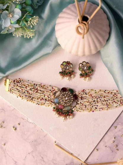 Ishhaara Moti Colored Round Patch Choker And Earring Set