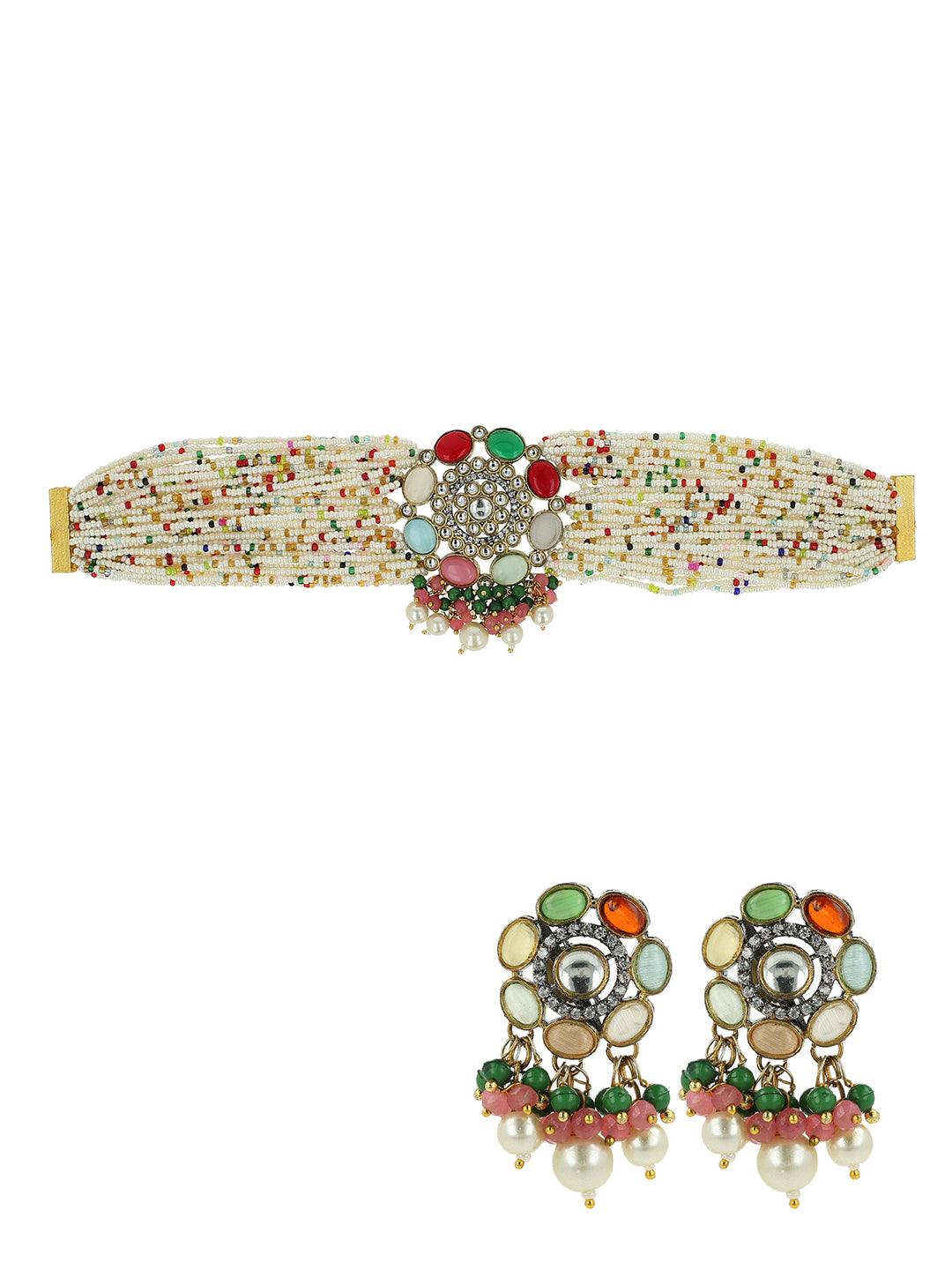 Ishhaara Moti Colored Round Patch Choker And Earring Set