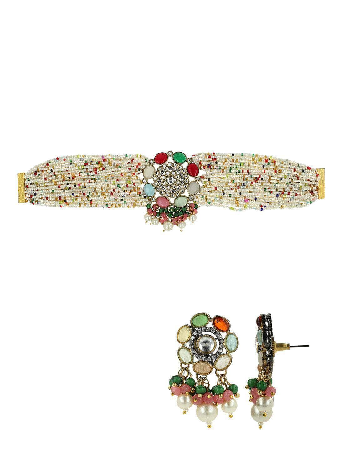 Ishhaara Moti Colored Round Patch Choker And Earring Set