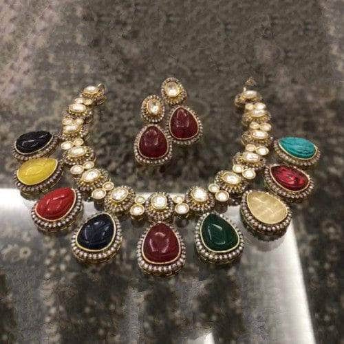 Ishhaara Multi Carved Stone Polki Drop Necklace Set