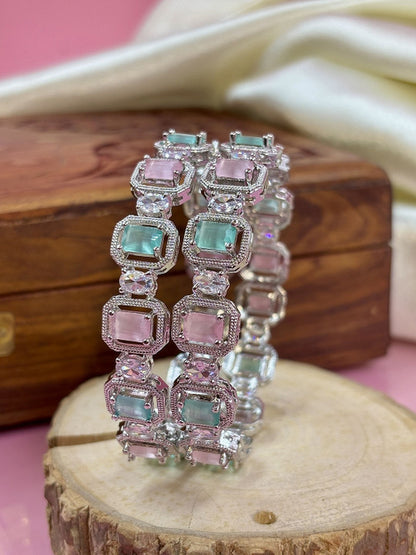Ishhaara Multi Color CZ Kundan Bracelet - elegant silver bracelet with multi-color CZ stones on a wooden display - view 2