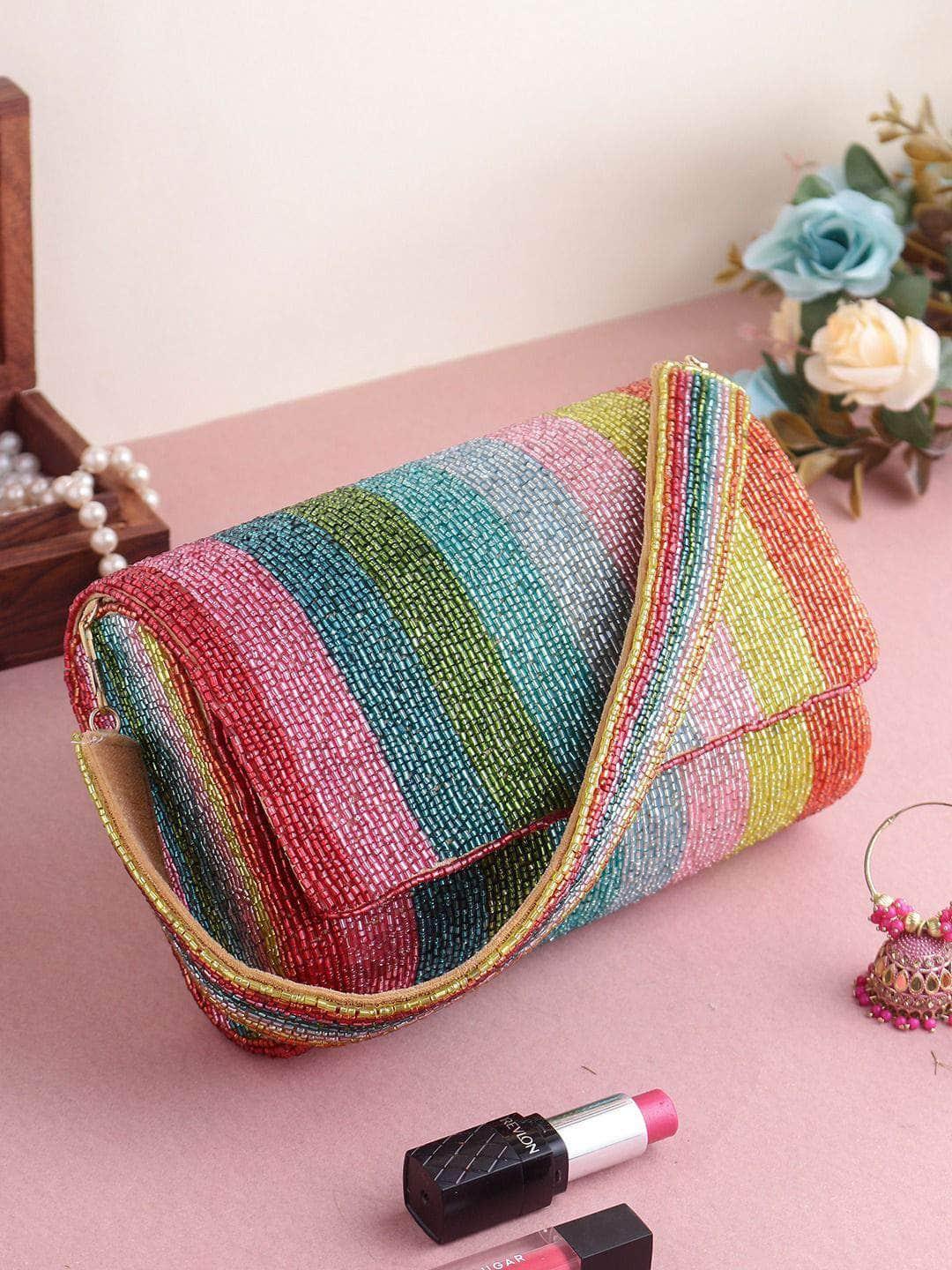 Ishhaara Multi Color Hand Embroidered Rainbow Beaded Flap Bag