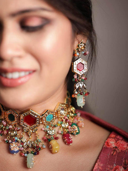 Ishhaara Multi Color Navratna Stone Choker Set