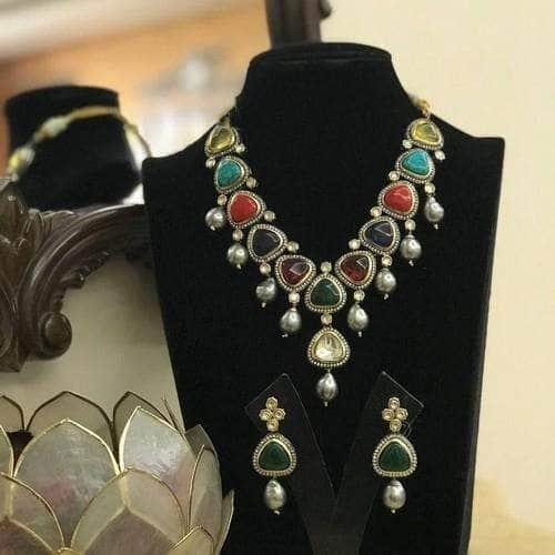 Ishhaara Multi Colored Grey Drop Necklace Set