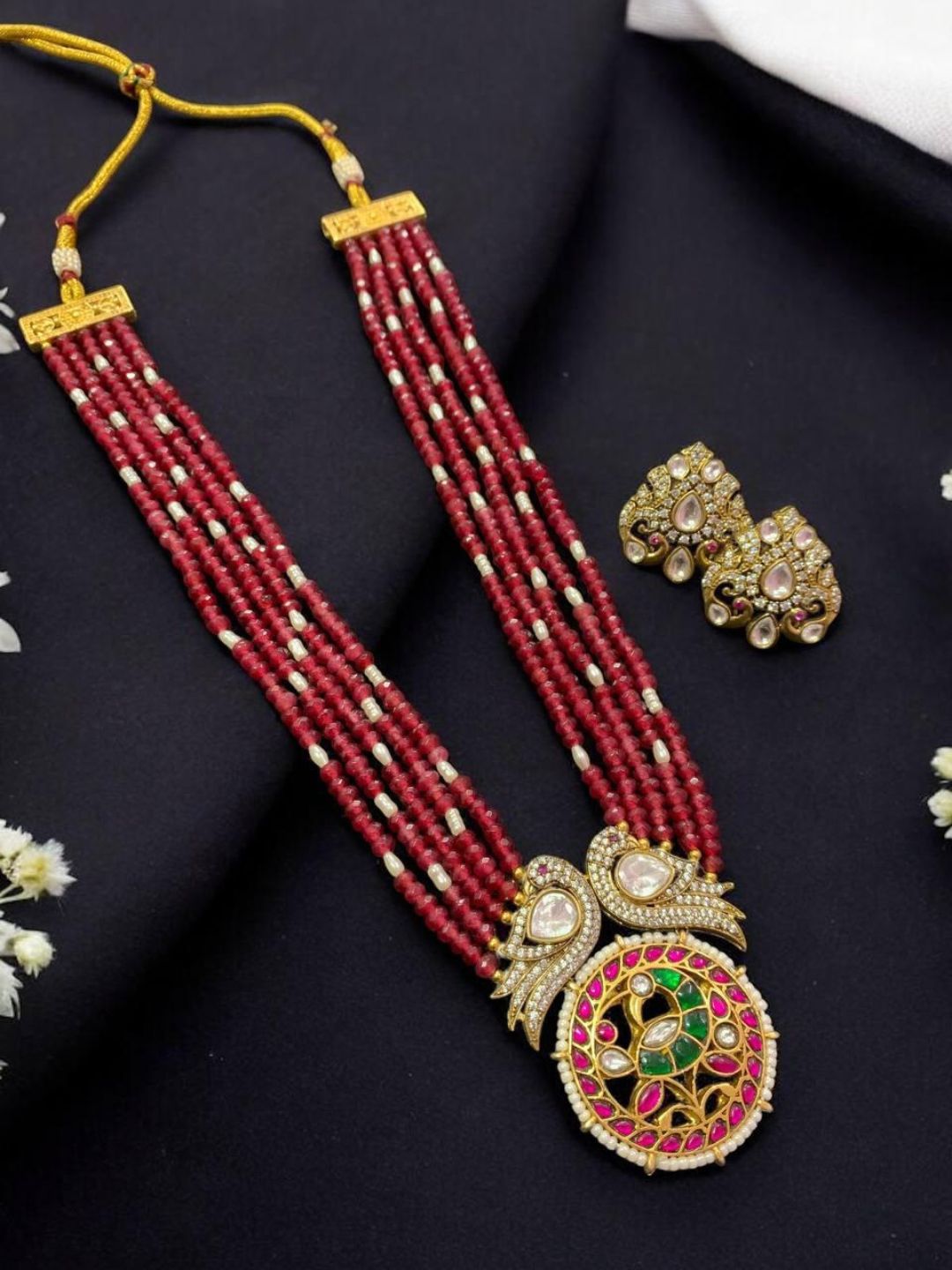 Ishhaara Multi Layered Beaded Kundan Pearl Enamel Necklace