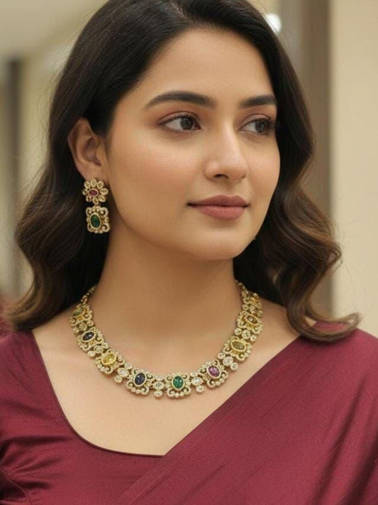Ishhaara Multi Stone Gold Plated Necklace Set