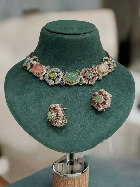 Ishhaara Multi Stone Polki Necklace Set