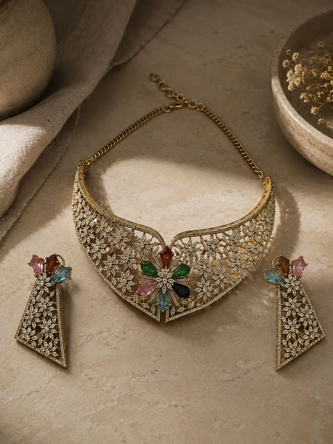 Ishhaara Multicolor American Diamont Studded Statement Necklace