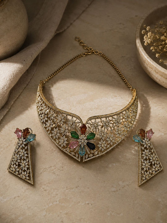 Ishhaara Multicolor American Diamont Studded Statement Necklace