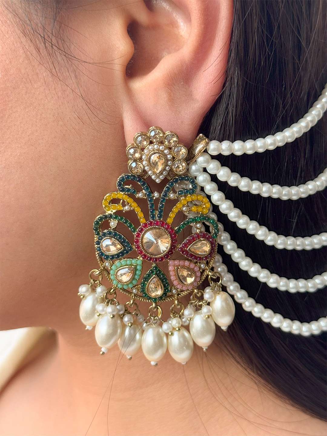 Ishhaara Multicolor Beaded And Kundan Long Chandlier With Sahara Earchain