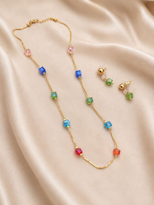 Ishhaara Multicolor Cube Bead Chain Necklace & Earring Set