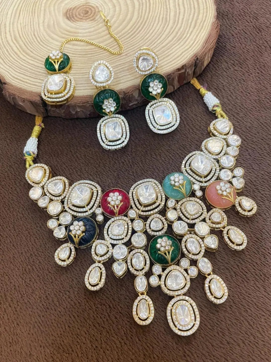 Ishhaara Multicolor Designer Heavy Polki Kundan And Meenakari Necklace Set