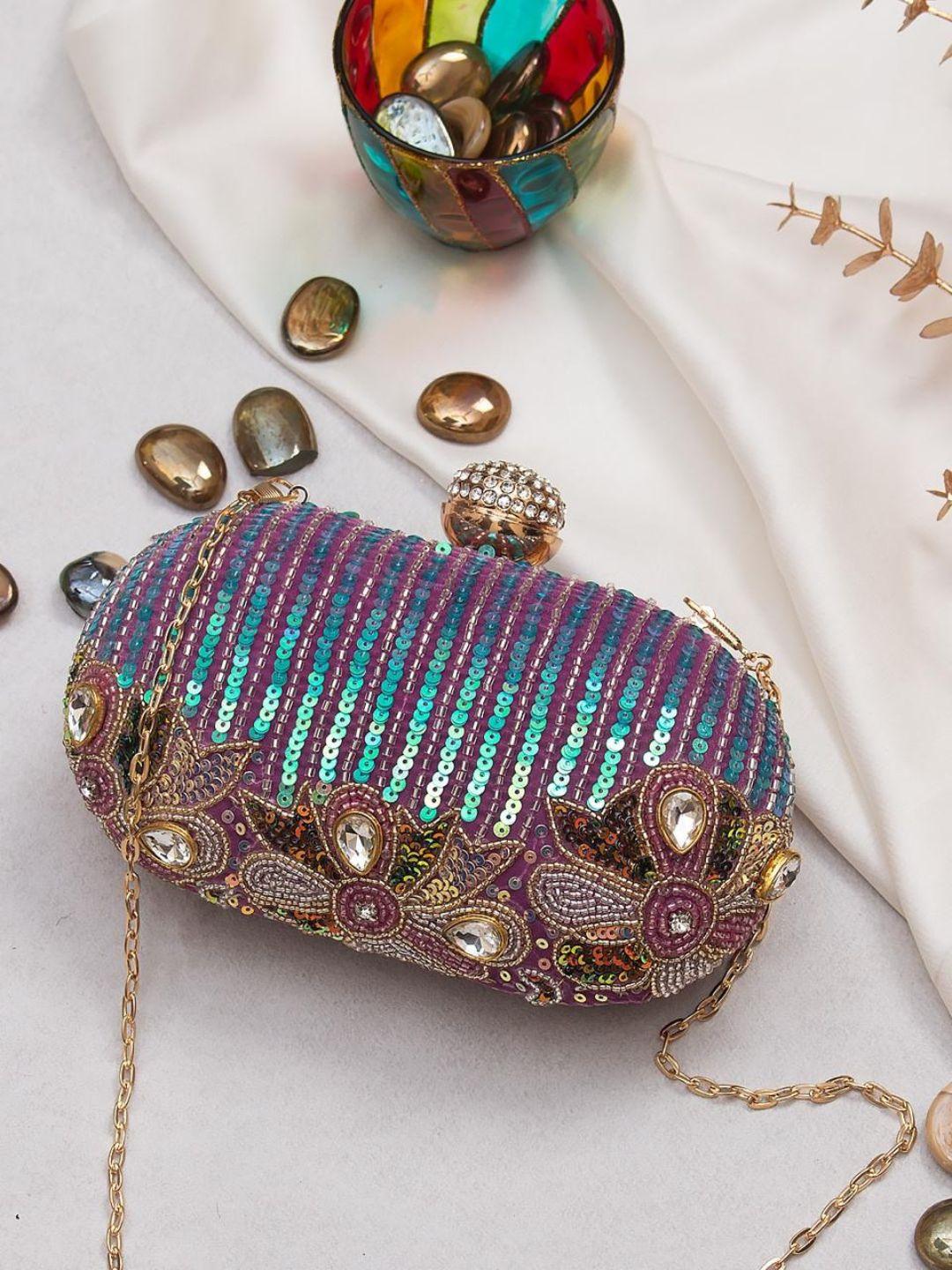 Ishhaara Multicolor Designer Oval Clutch In Sequence And Embroidery Work