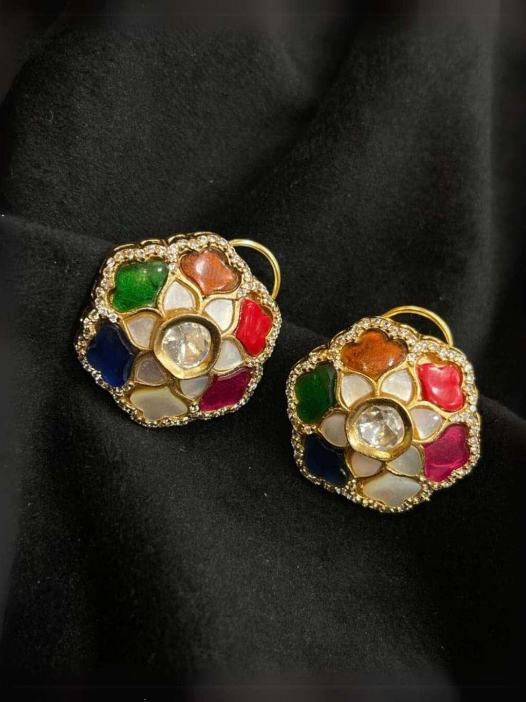 Ishhaara Multicolor Designer Polki Stud Earrings