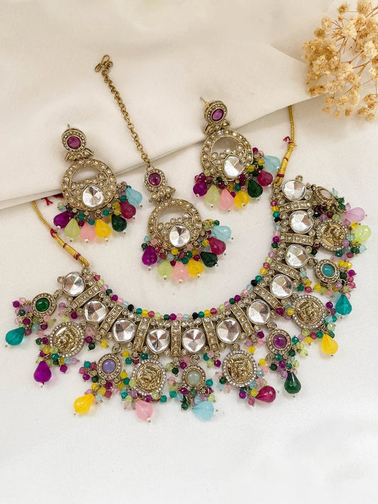 Ishhaara Multicolor Elegant Round Shaped Kundan Meenakari Choker Necklace