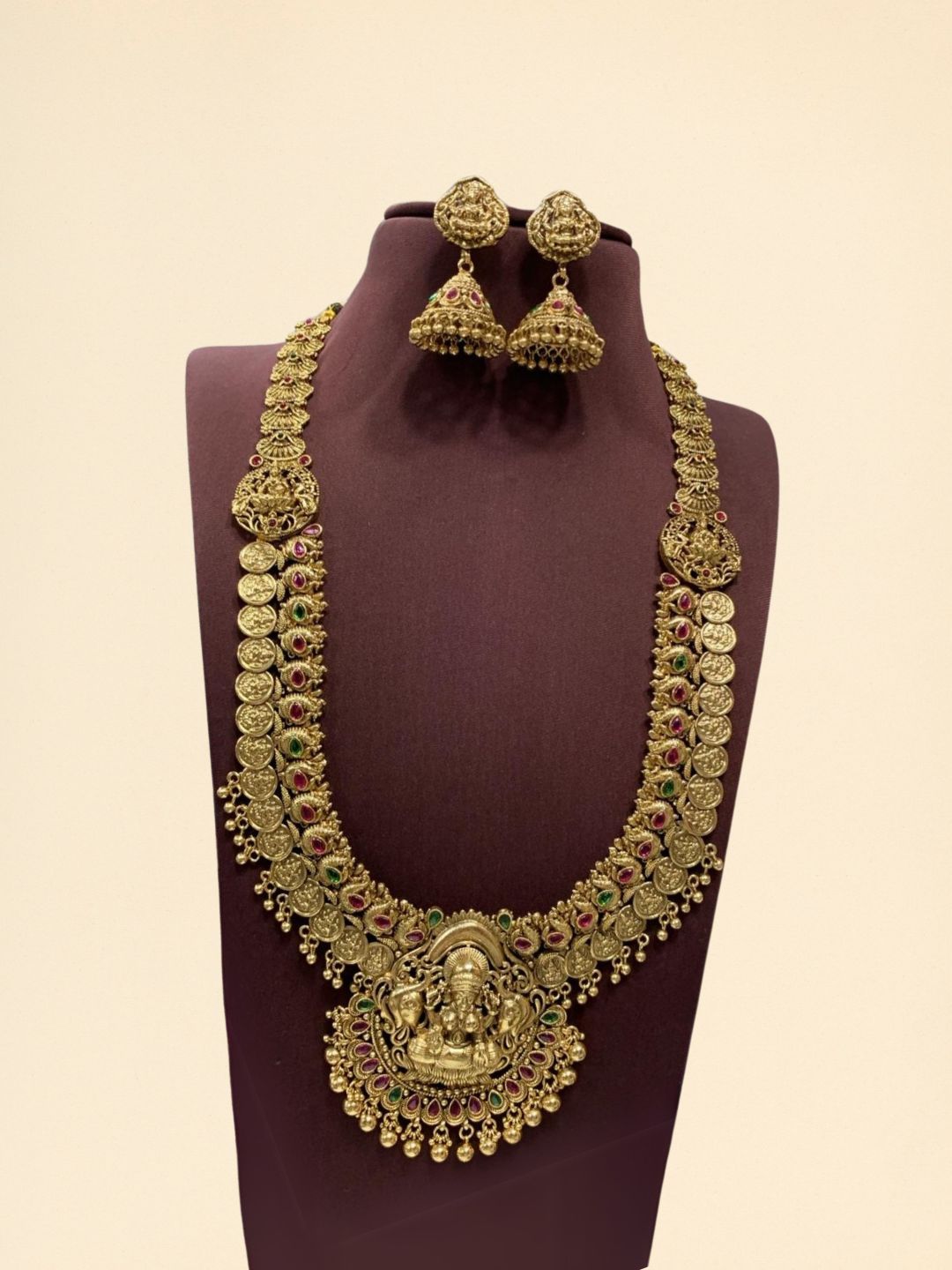 Ishhaara Green Ganeshji Studded Nakshi Temple Long Necklace