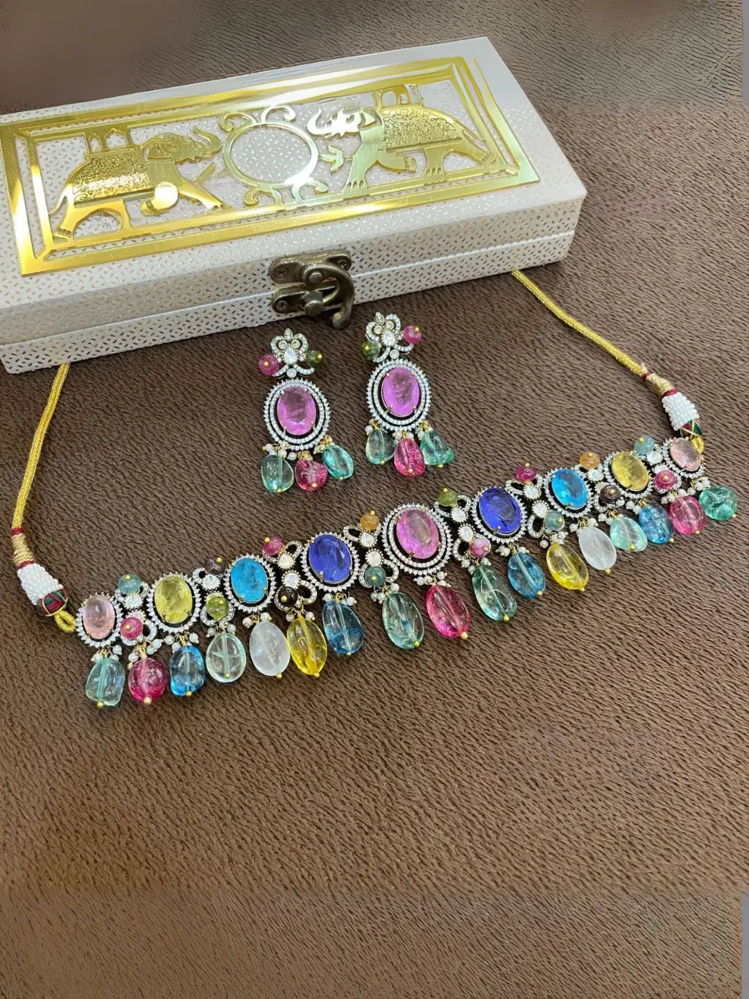 Ishhaara Multicolor Gold Plated Doublet Stone Studded Choker Necklace