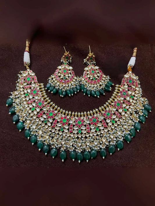Ishhaara Multicolor Gold Plated Jadau Kundan Bridal Necklace Set
