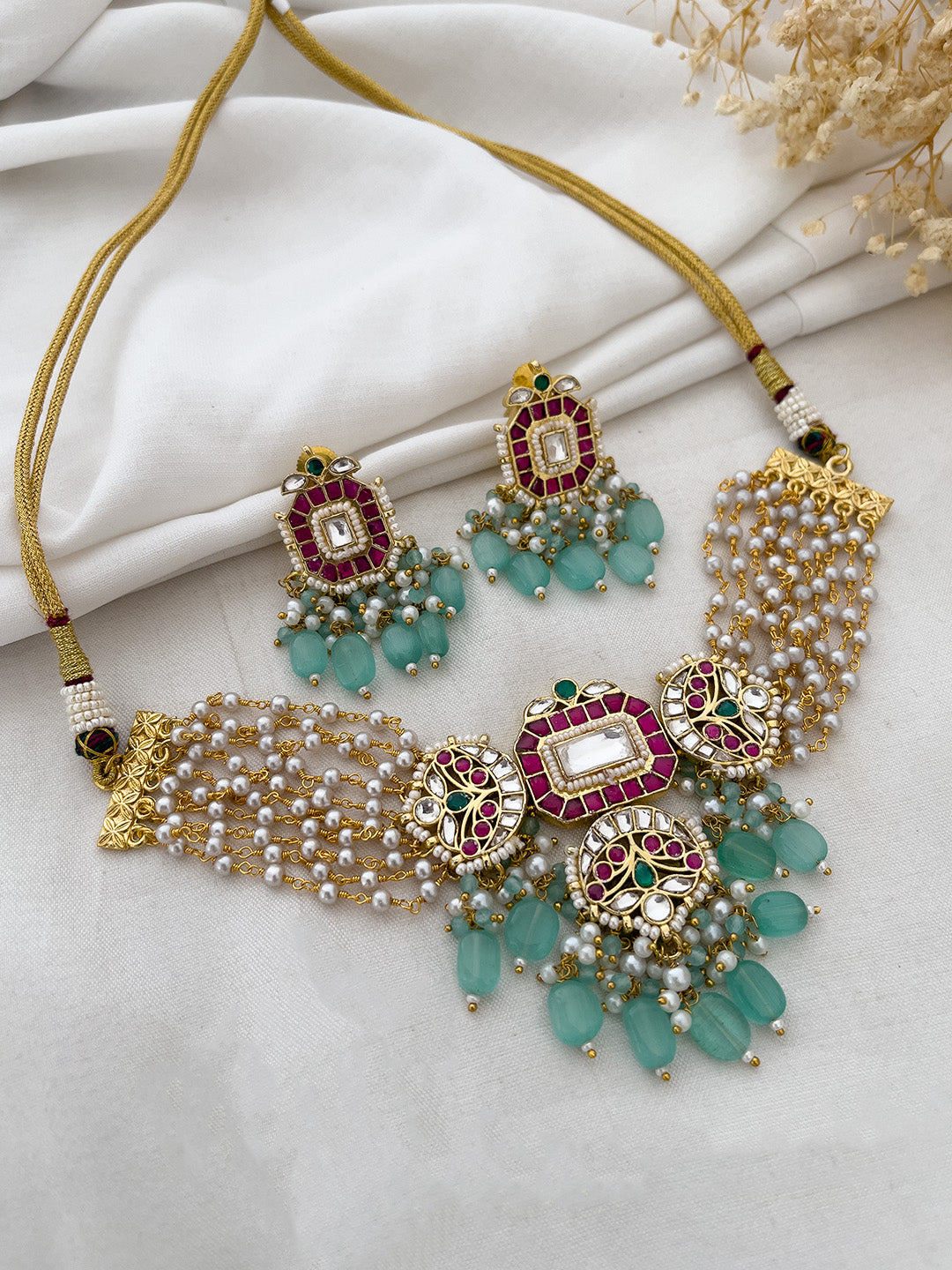 Ishhaara Multicolor Gold Plated Jadau Kundan Necklace Set