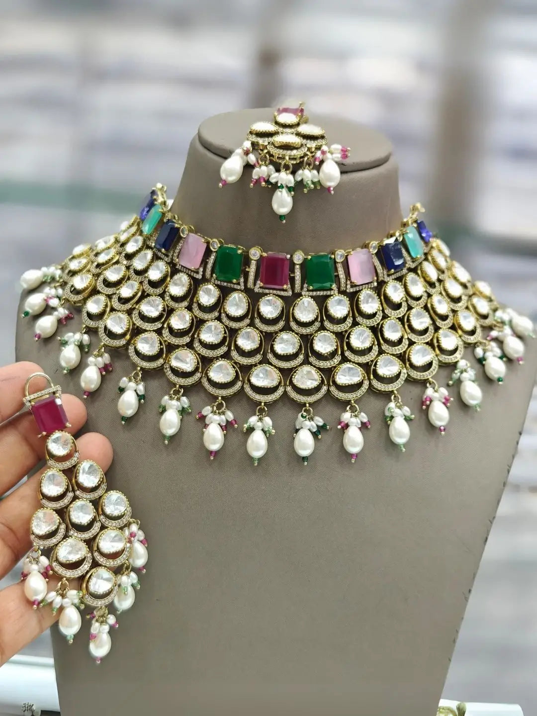 Ishhaara Multicolor Gold Plated Polki Kundan Stone And Pearl Choker Necklace Set