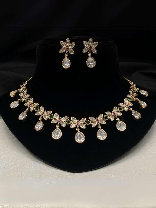 Ishhaara Multicolor Gold Plated Traditional Floral Design Kundan Studed Necklace
