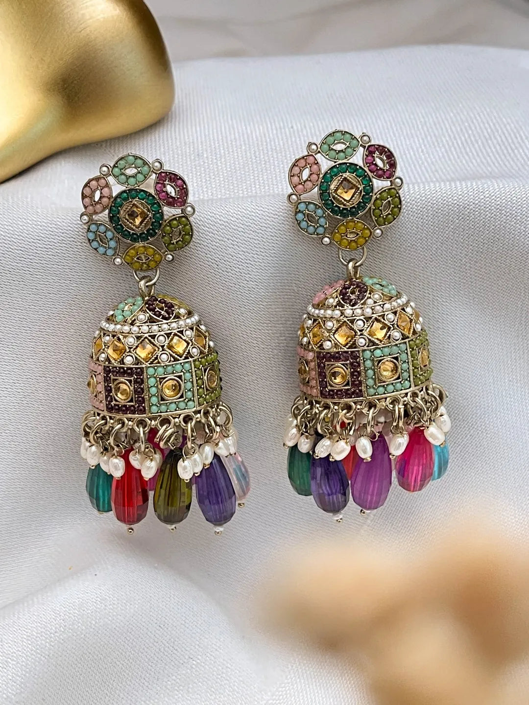 Ishhaara Multicolor Kundan Beaded Jhumka Earrings