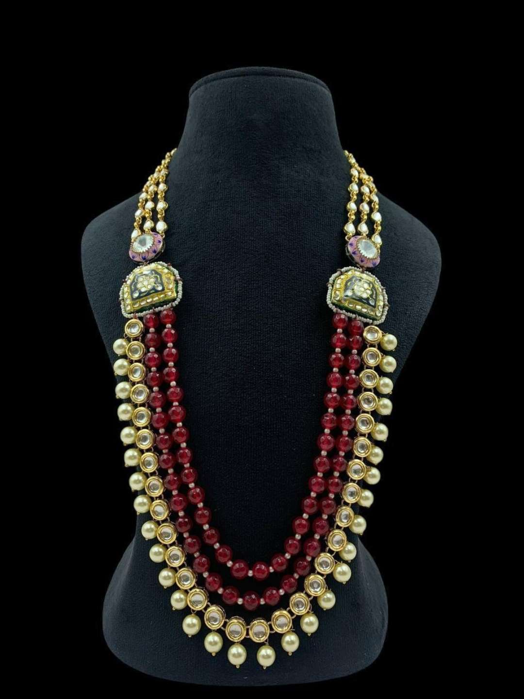 Ishhaara Green Layered Long Kundan And Pearl Studded Necklace