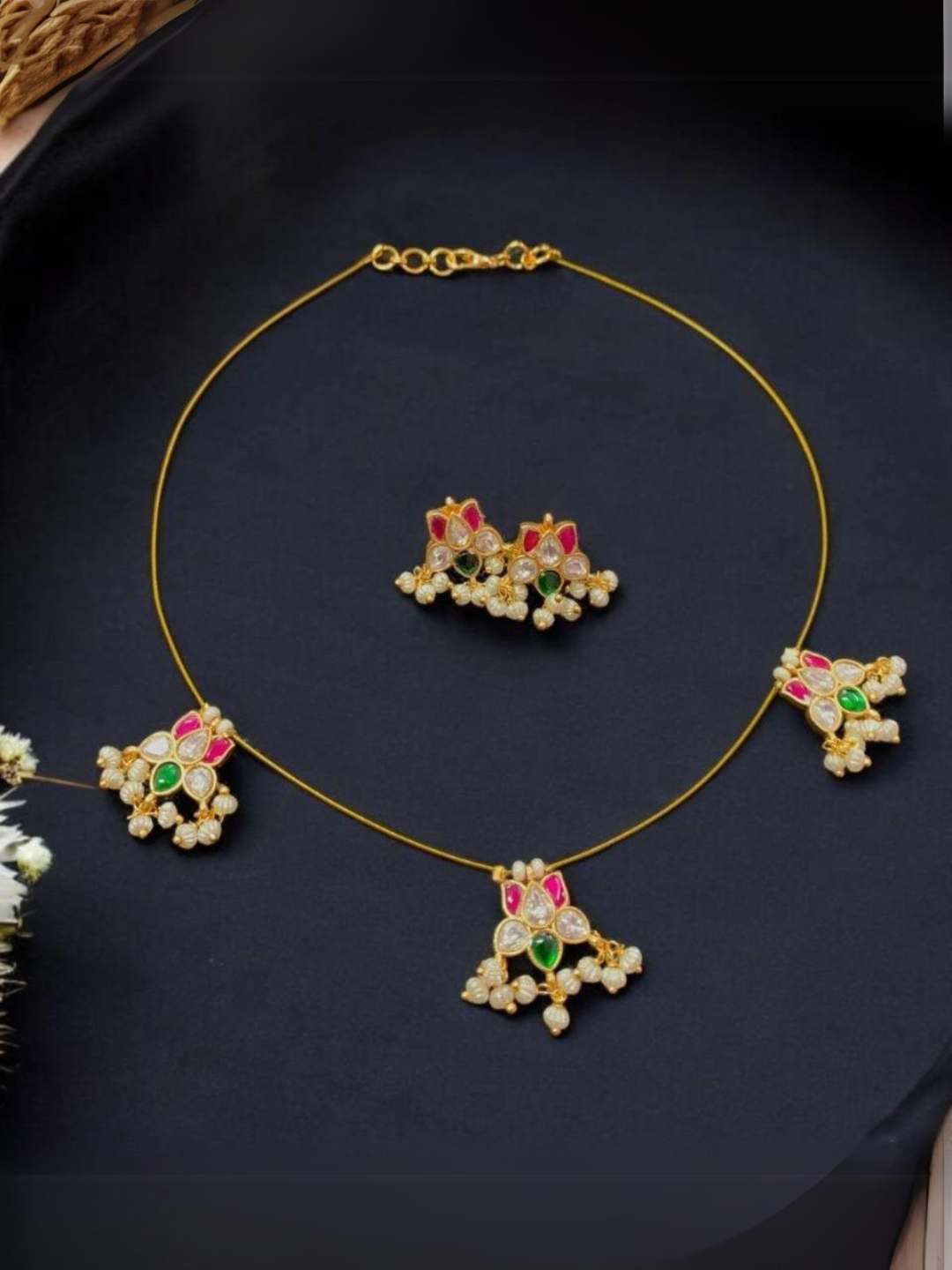 Ishhaara Multicolor Lotus Shaped Kundan Studded Invisible Chain Necklace