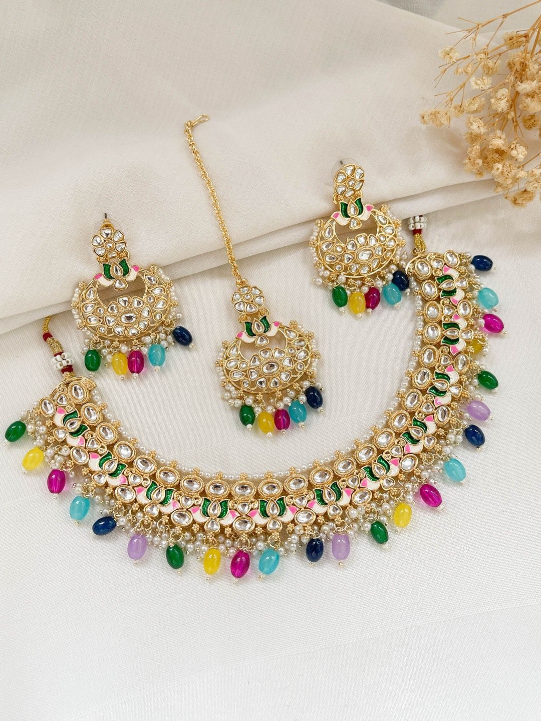 Ishhaara Multicolor Meenakari Lotus Shaped Kundan Necklace