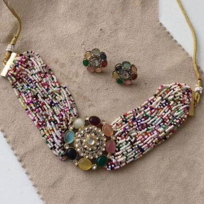 Ishhaara Moti Colored Round Patch Choker And Earring Set
