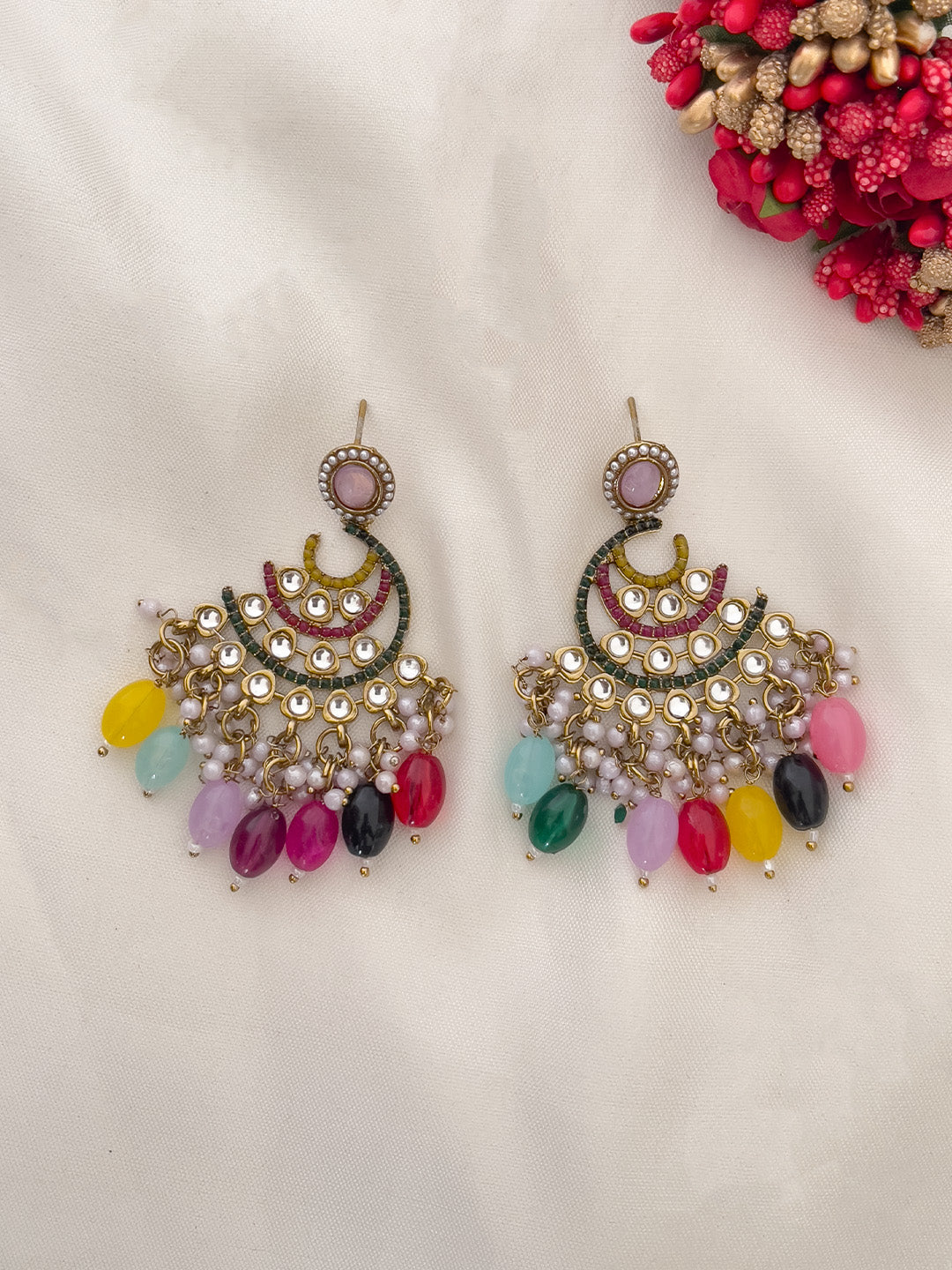 Ishhaara Multicolor Multicolored Kundan Studded Chandbali Earrings