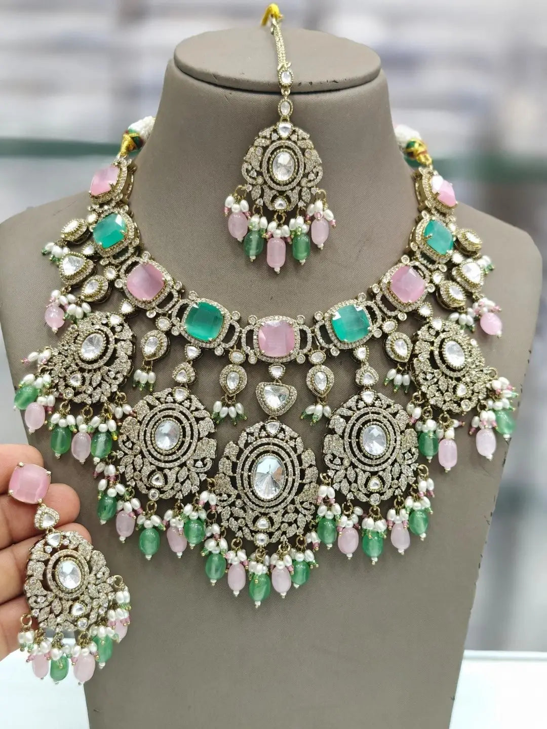Ishhaara Multicolor Regal Victorian Big Pendant Necklace With Maang Tikka