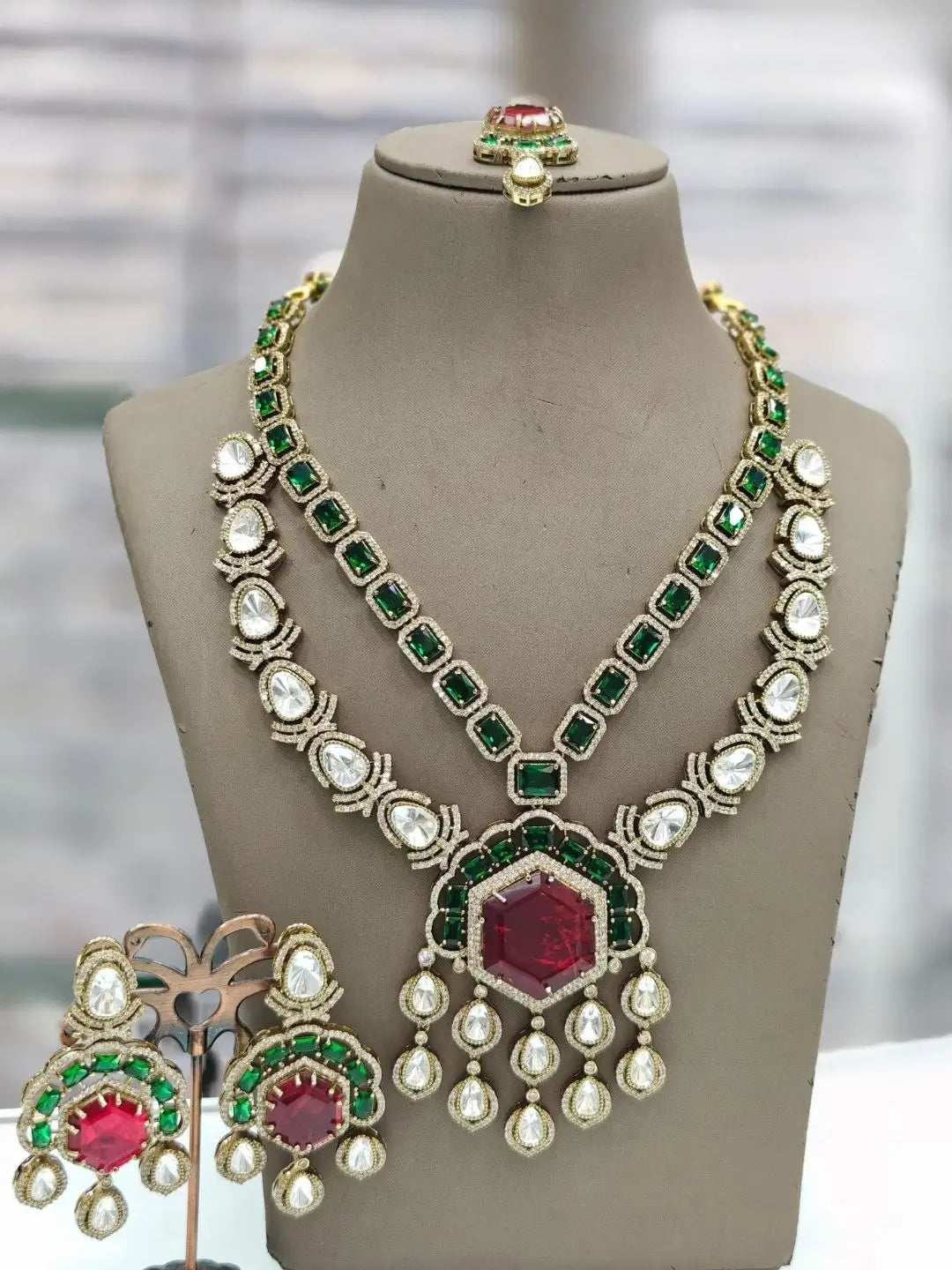 Ishhaara Red Sabyasachi Inspired Long Victorian Necklace Set