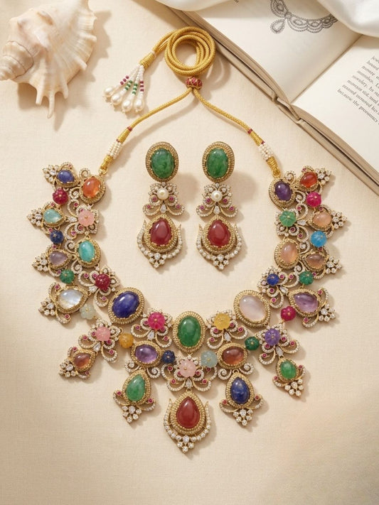 Ishhaara Multicolor Stone Studded Necklace Set With Earrings