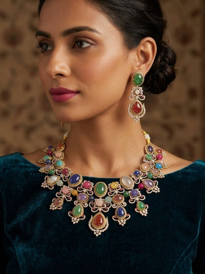 Ishhaara Multicolor Stone Studded Necklace Set With Earrings