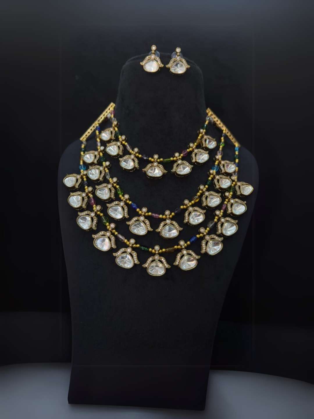 Ishhaara Multicolor Three Layer Doublet Stone Designer Necklace Set In Victorian Style