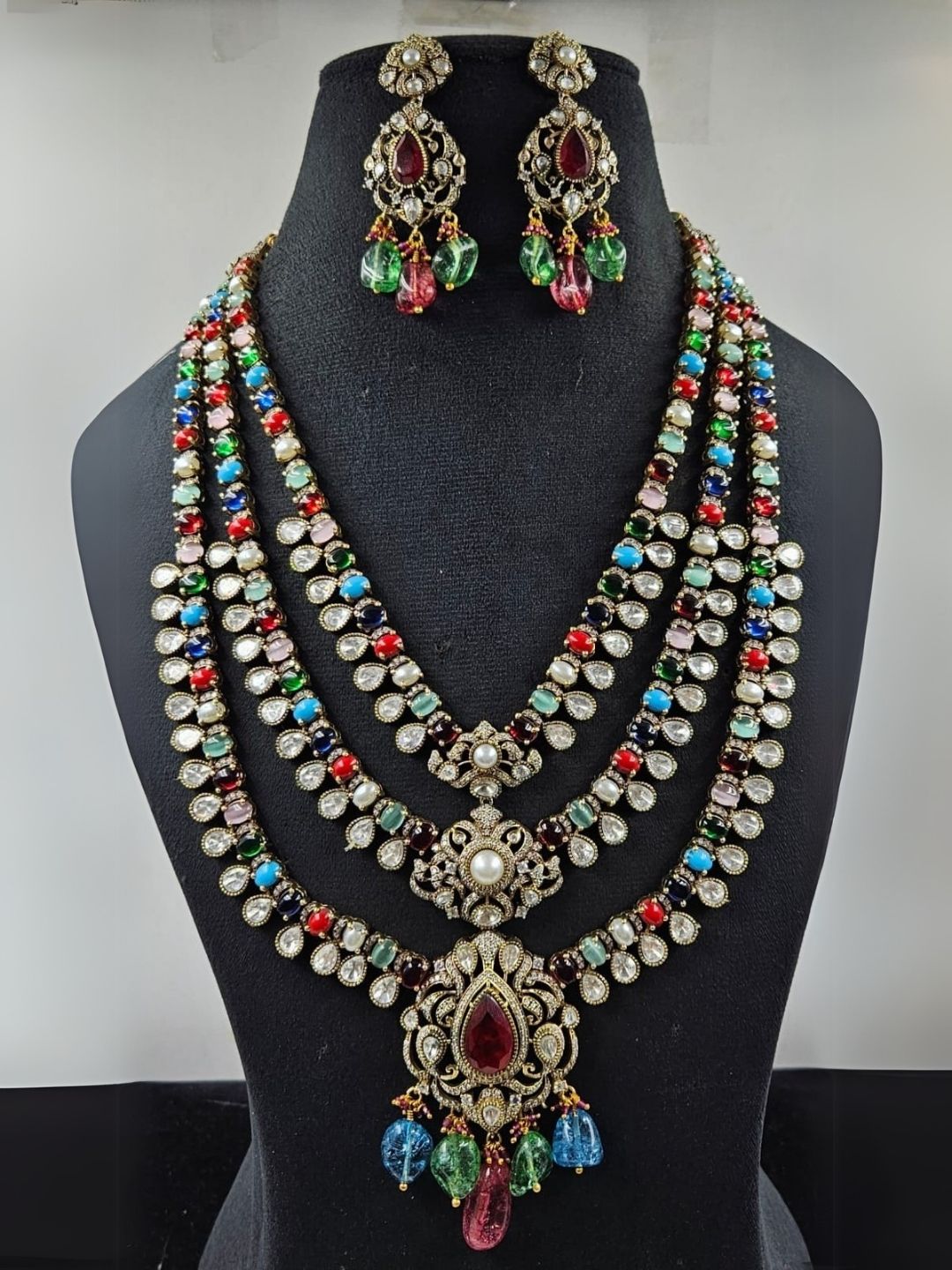 Ishhaara White Traditional Multi Layered Multi Colored Necklace Set