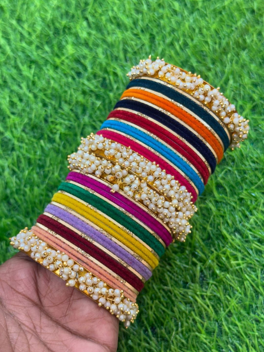 Ishhaara Multicolor Velvet Bangles With Pearl Siders