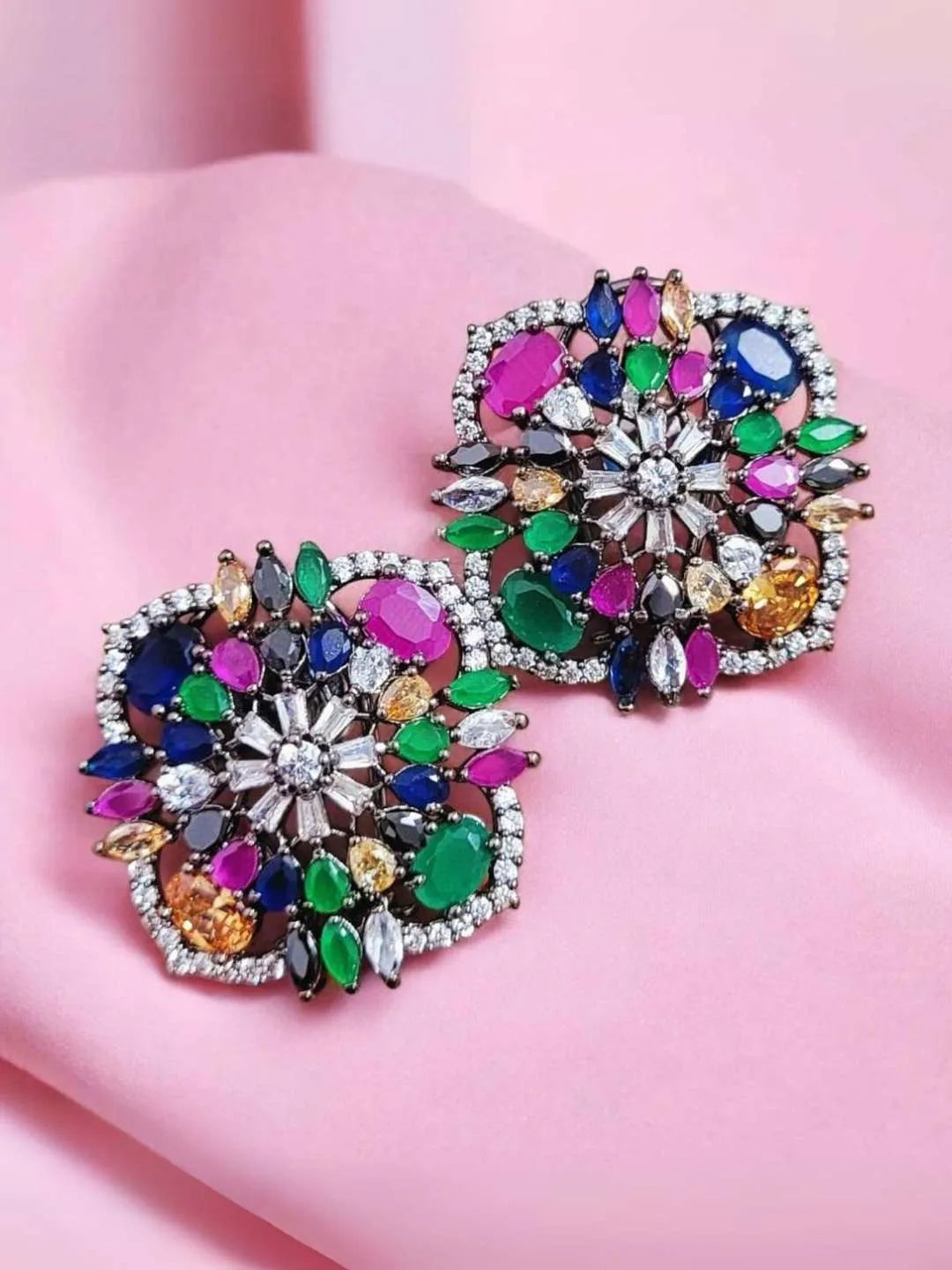 Ishhaara Multicolor Zircon Stone Studded Square Shaped Stud Earrings