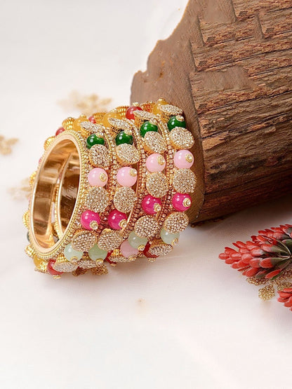 Ishhaara Multicolored Beaded Gold Bangle Set - a close-up view of beautifully crafted gold bangles with multicolored beads - view 4