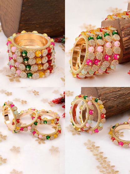 Ishhaara Multicolored Beaded Gold Bangle Set - a close-up view of beautifully crafted gold bangles with multicolored beads - view 5