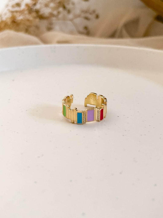 Ishhaara Multicolored Golden Plated Vertical Strip Adjustable Ring