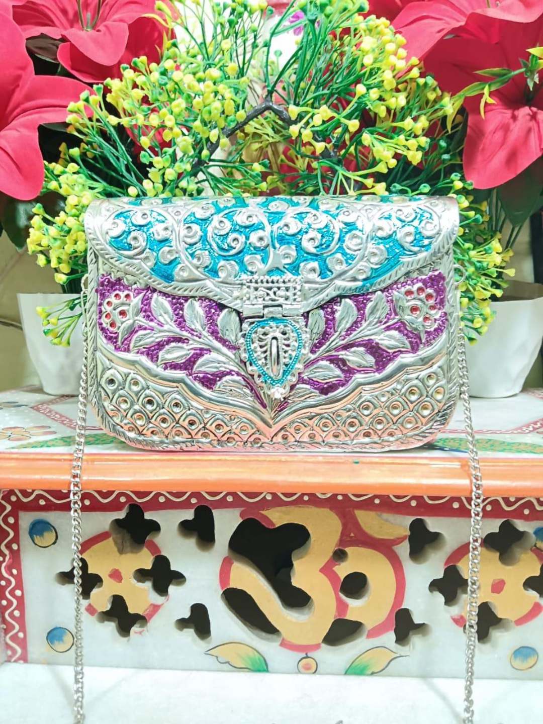 Ishhaara Multicolored Handcrafted Silver Metal Bridal Clutch