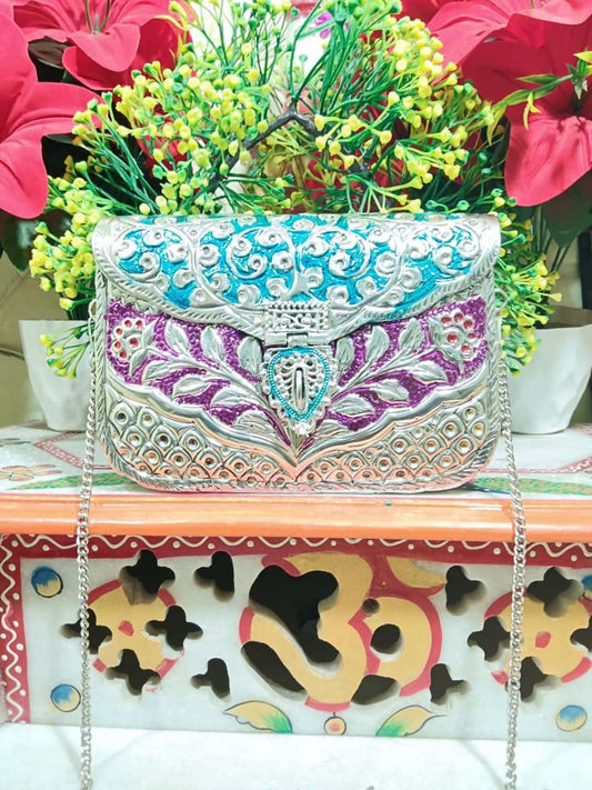 Ishhaara Multicolored Handcrafted Silver Metal Bridal Clutch